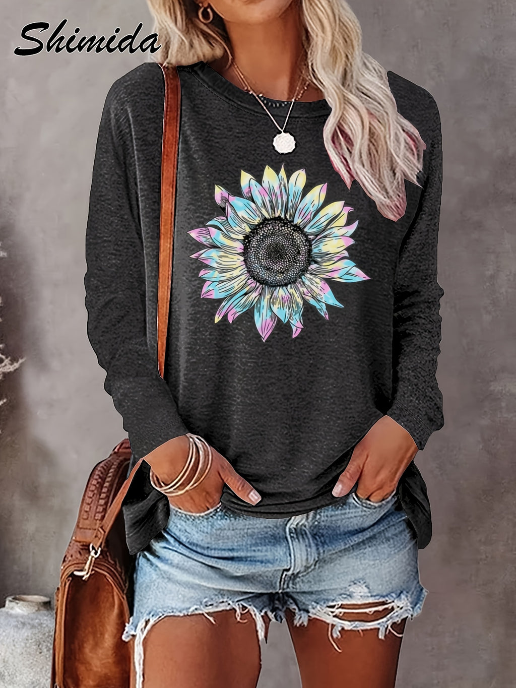 SHIMIDA Camiseta de Manga Longa com Estampa Elegante de Girassol - Blusa de Girassol e Folhas, Gola Redonda para Todas as Estações, Lavável na Máquina, Uso Casual e Sofisticado, Camisa Não Floral para Looks o Ano Todo (Compatível com prova virtual)