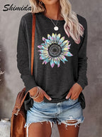 SHIMIDA Camiseta de Manga Longa com Estampa Elegante de Girassol - Blusa de Girassol e Folhas, Gola Redonda para Todas as Estações, Lavável na Máquina, Uso Casual e Sofisticado, Camisa Não Floral para Looks o Ano Todo (Compatível com prova virtual)