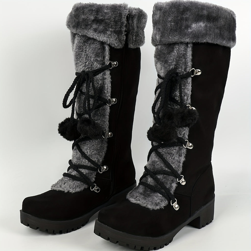 Botas de Inverno Elegantes para Mulheres com Forro de Pele Sintética - Botas de Cano Médio Aconchegantes com Salto Grosso, Detalhes de Pompom e Zíper Lateral | Botas Térmicas Isoladas para Clima Frio, Botas de Inverno