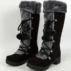 Botas de Inverno Elegantes para Mulheres com Forro de Pele Sintética - Botas de Cano Médio Aconchegantes com Salto Grosso, Detalhes de Pompom e Zíper Lateral | Botas Térmicas Isoladas para Clima Frio, Botas de Inverno