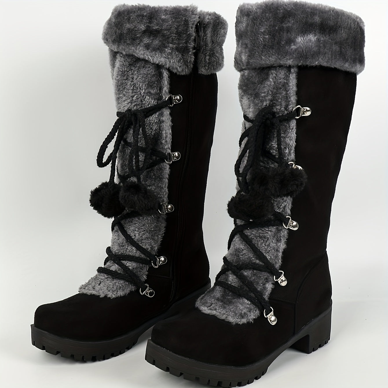 Botas de Inverno Elegantes para Mulheres com Forro de Pele Sintética - Botas de Cano Médio Aconchegantes com Salto Grosso, Detalhes de Pompom e Zíper Lateral | Botas Térmicas Isoladas para Clima Frio, Botas de Inverno