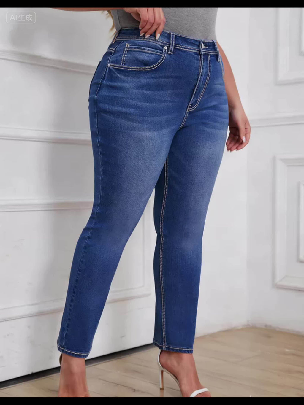 Calças Jeans Femininas Plus Size de Cintura Alta em Stretch, Modelagem Reta com Bolsos Inclinados e Estilo Vintage, Azul, Confortáveis para Uso Diário