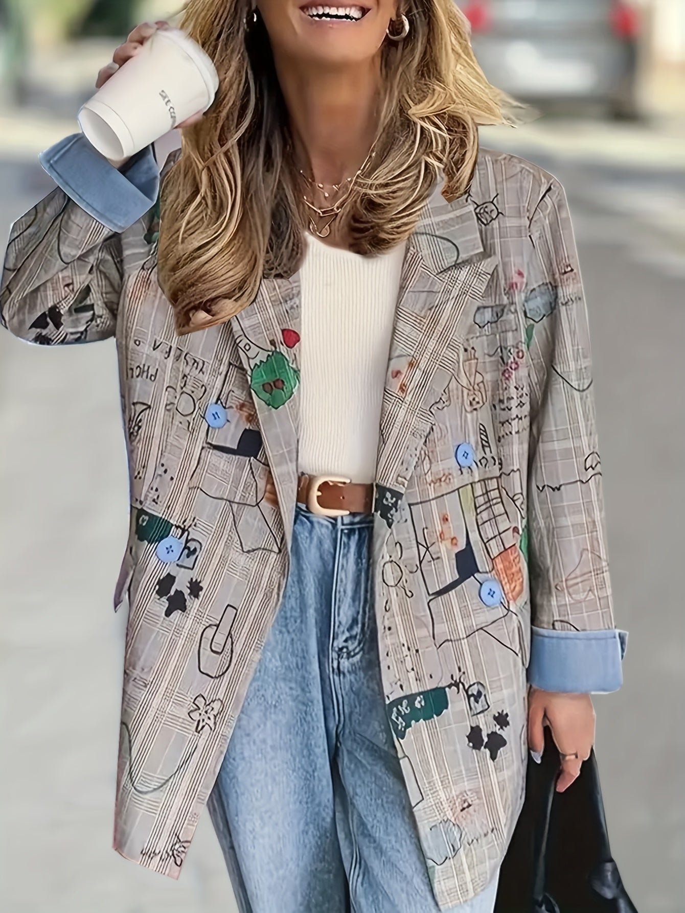 Blazer elegante de manga comprida para deslocações, moderno, com patchwork e estampado de graffiti nos punhos