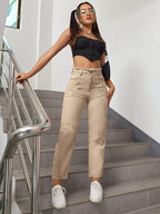 Calças Jeans Femininas de Cintura Alta com Remendos Estrelados Desgastado, Modelo Mom Fit e Ajuste Solto