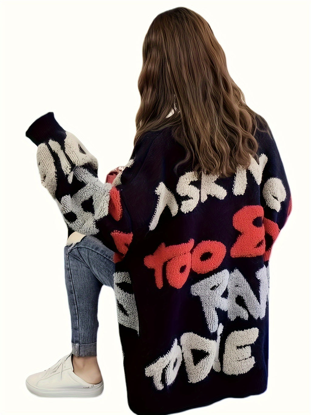 Cardigan de botão com padrão de letras, cardigan casual de manga longa para outono e inverno, roupas femininas