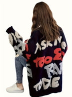 Cardigan de botão com padrão de letras, cardigan casual de manga longa para outono e inverno, roupas femininas