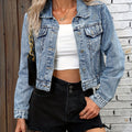 Elegant Blue Denim Jacket with Lapel & Buttoned Flap Pockets