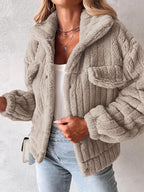Casaco de Inverno Feminino com Gola de Pelúcia Realista - Casaco Teddy Bege, Lavável à Máquina, Manga Longa Macia para Outono/Inverno, Uso Casual ou Elegante (Sem Design) - Casaco Faux Teddy Aconchegante