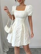 Vestido elegante feminino em A com padrão floral - Festa formal e casual, Casamento, Roupa do dia a dia - Corte elogiador para eventos de outono/inverno - Roupa feminina chique para todas as estações, Moda de inverno, Mangas balão, Costura de qualidade, Roupa elegante, Amantes da moda