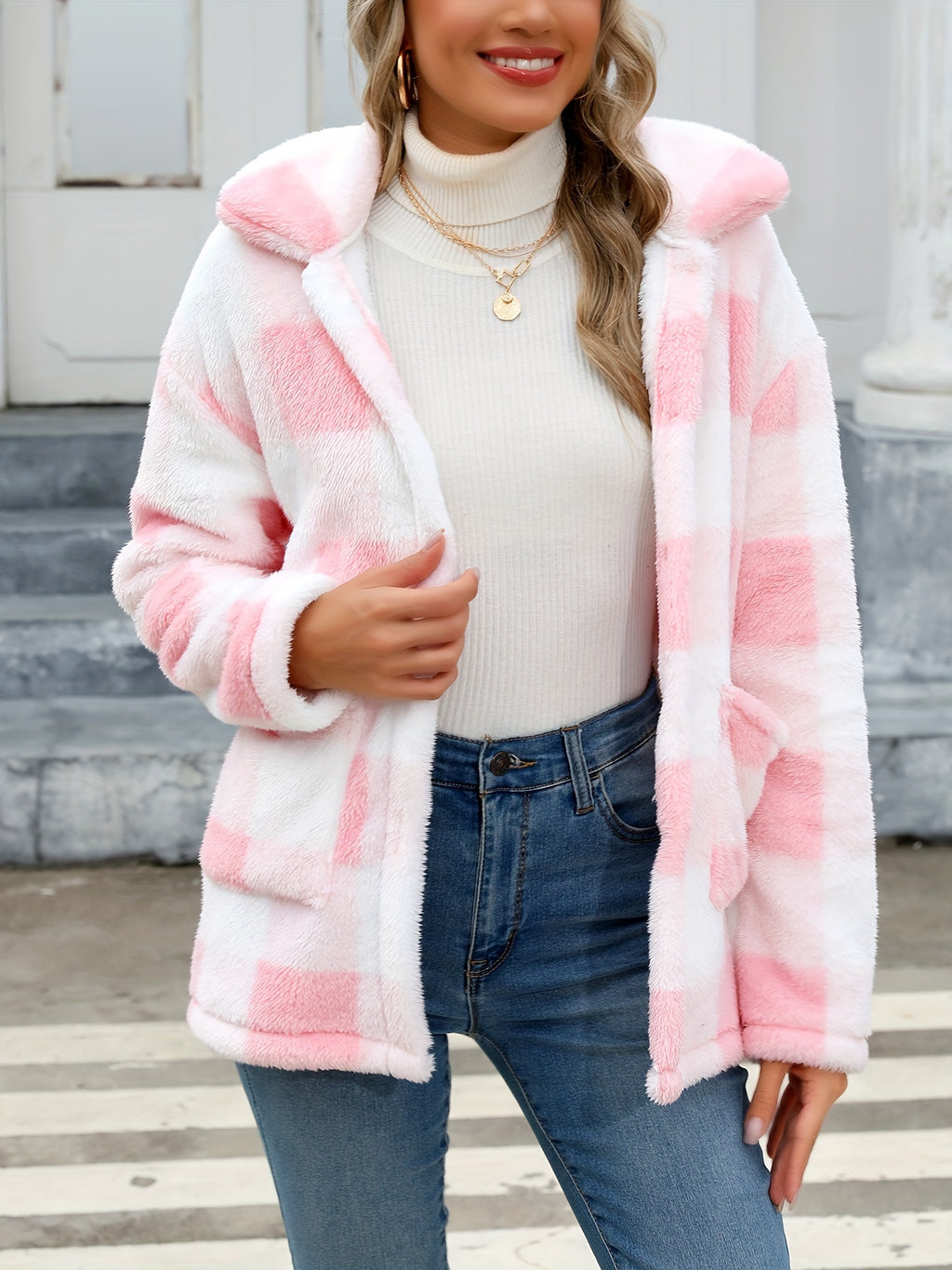 Casaco Teddy com Estampa Xadrez e Bolsos Remendados, Sobretudo de Inverno com Mangas Longas e Fechamento Único, Roupas Femininas