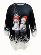 Camisola elegante com estampado de boneco de neve para mulheres - Tecido de malha de poliéster, decote redondo, para todas as estações, elasticidade, estilo de pulôver, design festivo de Natal
