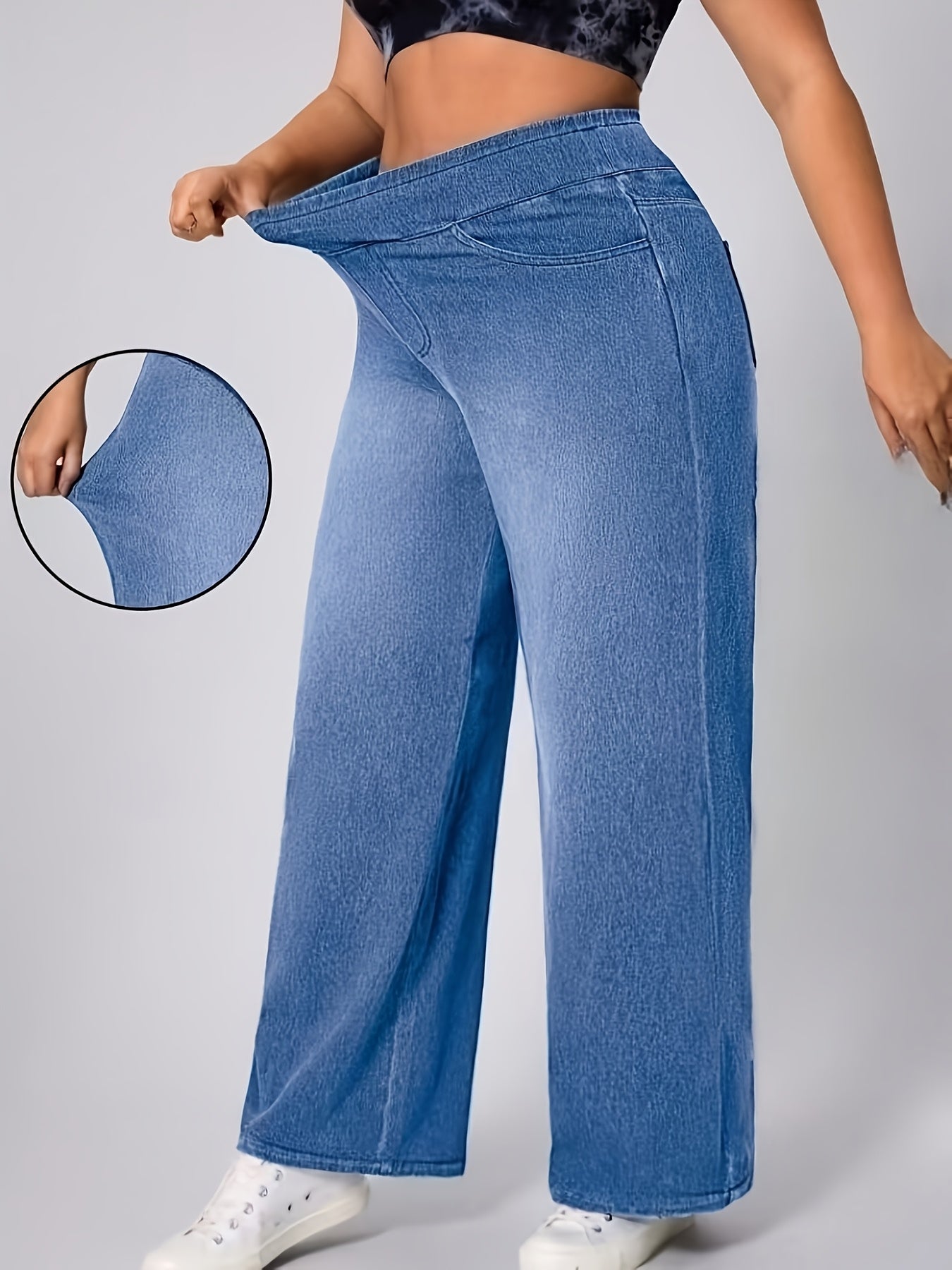 Jeans de ganga elásticos de cintura subida para mulher | Casual, para todas as estações, perna larga, elegantes, com bolsos