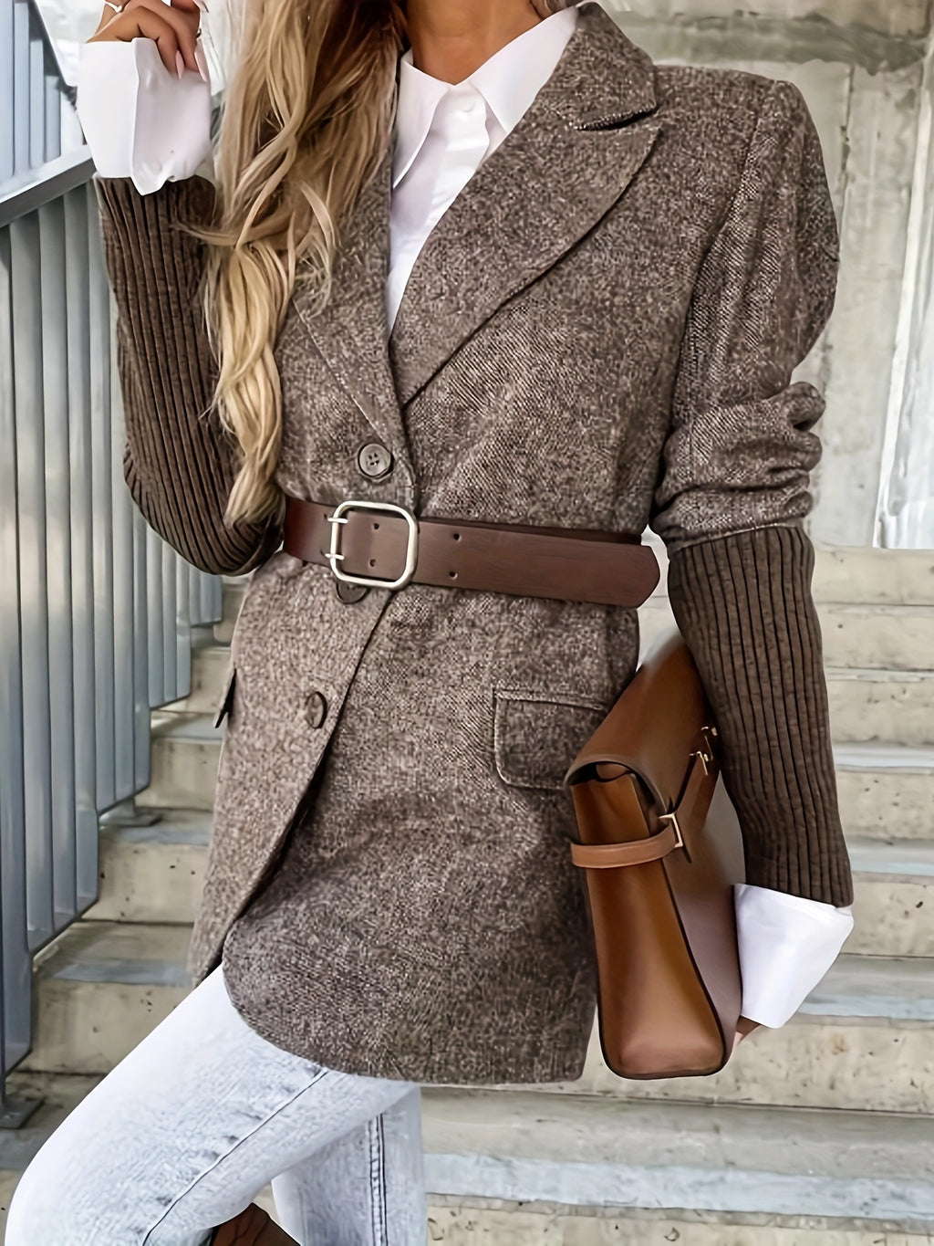 Casaco Vintage Elegante de Mulher para Deslocamentos ao Trabalho, com Design de Abotoadura Simples, Patchwork Moderno e Mangas Compridas para o Inverno.