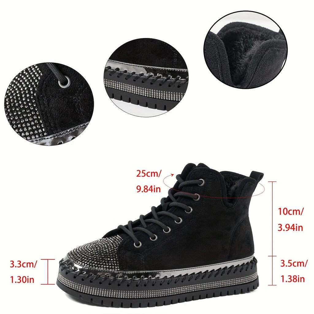 Botas de Inverno com Plataforma Grossa, Decoradas com Strass e Cadarço para Mulheres - Botins Cano Curto em Fleece, Sola Espessa de Borracha Redonda na Ponta, Brilhantes Bota de Neve para Natal, Ano Novo & Clima Frio (Preta) - Estilo Moda Coreana