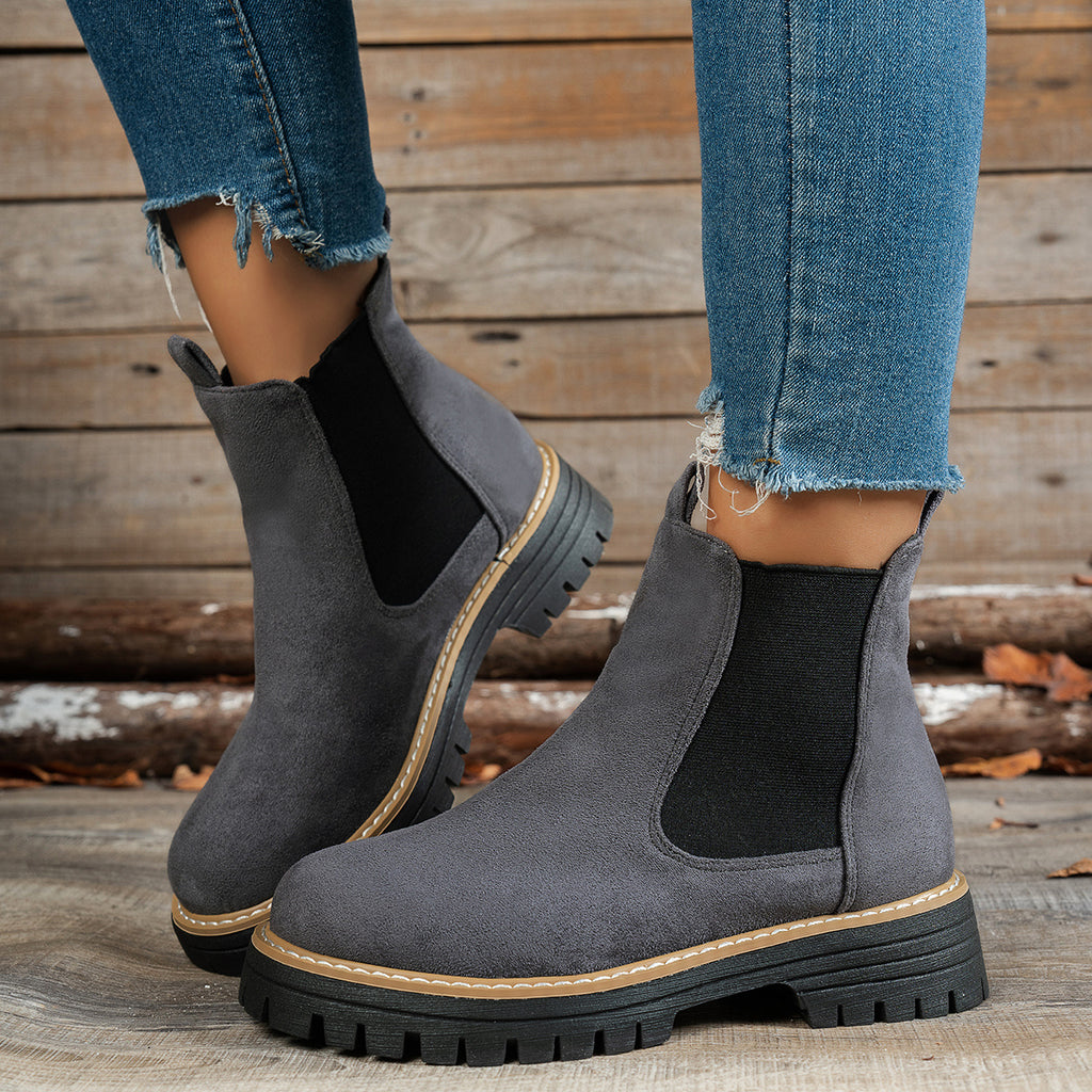 Botins de Salto Alto com Plataforma Grossa para Mulher com Salto de Plataforma Espessa - Sola Antiderrapante, Biqueira Redonda e Forro, Botas Casuais para Todas as Estações em Castanho, Versátil para Jeans e Vestidos, Botas Grossas, Botas Elegantes, Moda Mulher