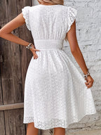 Vestido de cintura franzida oca em forma de A, Vestido de férias com decote em V e mangas com folhos para a primavera e o verão, Roupa de mulher para casamentos, formaturas, noivados, ocasiões especiais, festas, férias e aniversários