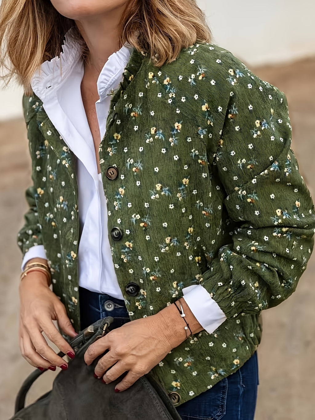 Tamanho Grande - Casaco Elegante com Estampado Floral para Mulheres Plus Size | Manga Comprida, Bolsos Duplos, Sem Gola, Carcela com Fecho de Zíper, Tecido Sem Elasticidade, Adequado para Outono/Inverno