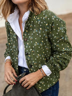 Tamanho Grande - Casaco Elegante com Estampado Floral para Mulheres Plus Size | Manga Comprida, Bolsos Duplos, Sem Gola, Carcela com Fecho de Zíper, Tecido Sem Elasticidade, Adequado para Outono/Inverno