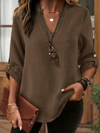 Camisa de Imitação de Denim Cinza Claro Plus Size Feminina - Blusa Elegante Casual de Manga Longa e Gola Redonda, Lavável à Máquina para Primavera/Verão, Design Minimalista, Textura Semelhante a Linho, Tecido Não Transparente, Combinável com Leggings, Material Respirável, Estilosa