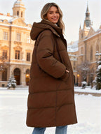 Jaqueta Puffer Feminina com Capuz para o Inverno - Casaco Impermeável com Bolsos, Acolchoado e Quente para Esqui, Snowboard e Passeios ao Ar Livre, Parka de Manga Longa até o Meio da Panturrilha (Lavagem Manual)