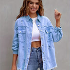Boho-Chic Oversized Denim Jacket with Distressed Details