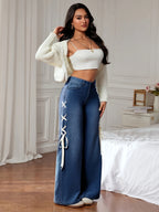 Calças Jeans AW25 de Cintura Alta e Perna Larga para Mulheres, Calças Casuais Roupas Desgastadas e Folgadas