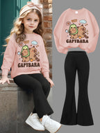 Conjunto de Moletom com Estampa de Golfinho Feng Shui e Calça Flare Ajustada para Meninas, Moda Fofa, Casual para Primavera, Outono e Inverno, Ideal para Uso ao Ar Livre