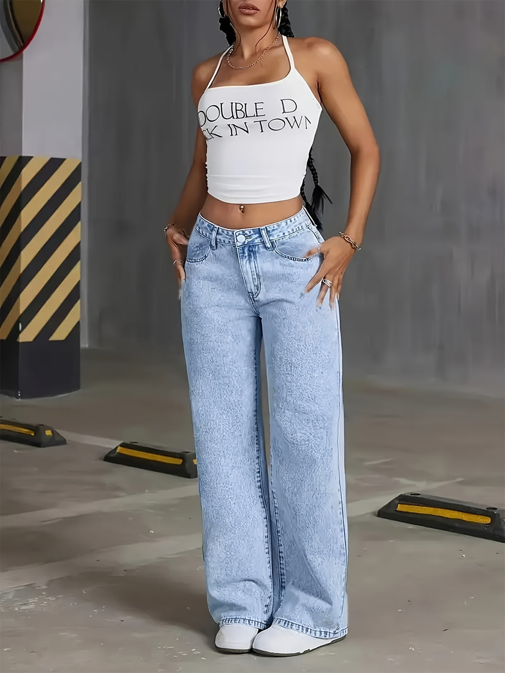 Calças jeans femininas 2025 novas, pernas largas e retas com lavagem ácida azul claro, controle de barriga, cintura alta, confortáveis, bolsos, elegantes para viagens, trabalho ou escritório