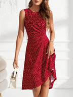 Vestido Elegante Feminino Sem Mangas com Estampado de Corações - Azul Marinho com Bolinhas, Bainha Évasée e Cintura com Folhos, Lavável na Máquina, Roupa Versátil para Todas as Estações, Casuais ou Formais, Vestidos Bonitos