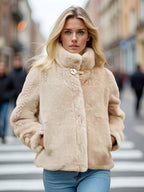 Casaco Curto de Inverno Feminino com Gola - Jaqueta Elegante e Quente, Fechamento com Botões, Lavável na Máquina, Comprimento Curto para Outono/Inverno, Design de Cor Sólida (Sem Transparência) - Ideal para Uso Diário/Casual