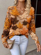 Plus Size, Suéter Vintage Bohemio com Estampa de Folha de Bordo, Decote em V, Manga Longa Vazada para Mulheres Plus Size, Outono Inicial