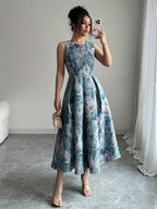 Vestido Maxi Elegante Feminino com Estampado Floral, Corte em A, Manga Balão e Detalhe na Cintura - Vestido Formal/De Festa/Para o Dia a Dia de Gola Redonda e Comprido em /, Roupa Lavável à Máquina para Primavera/Outono, Vestidos Bonitos