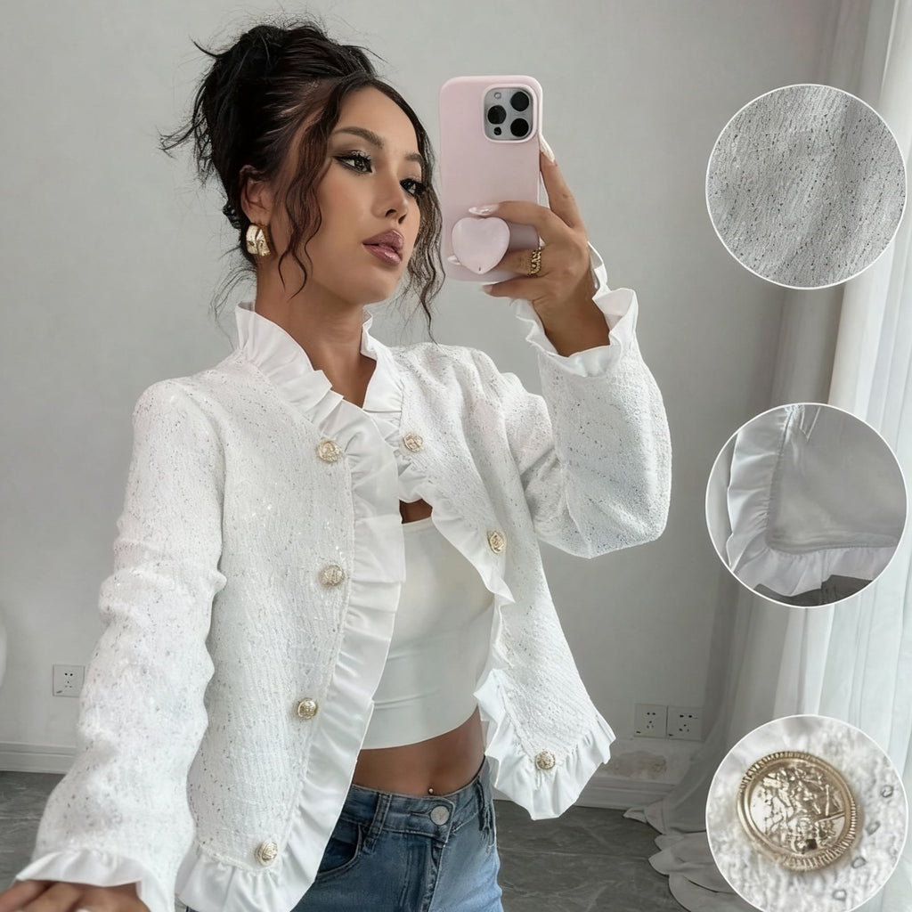 Timeless White Ruffle Blazer with Gold Buttons