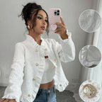 Timeless White Ruffle Blazer with Gold Buttons
