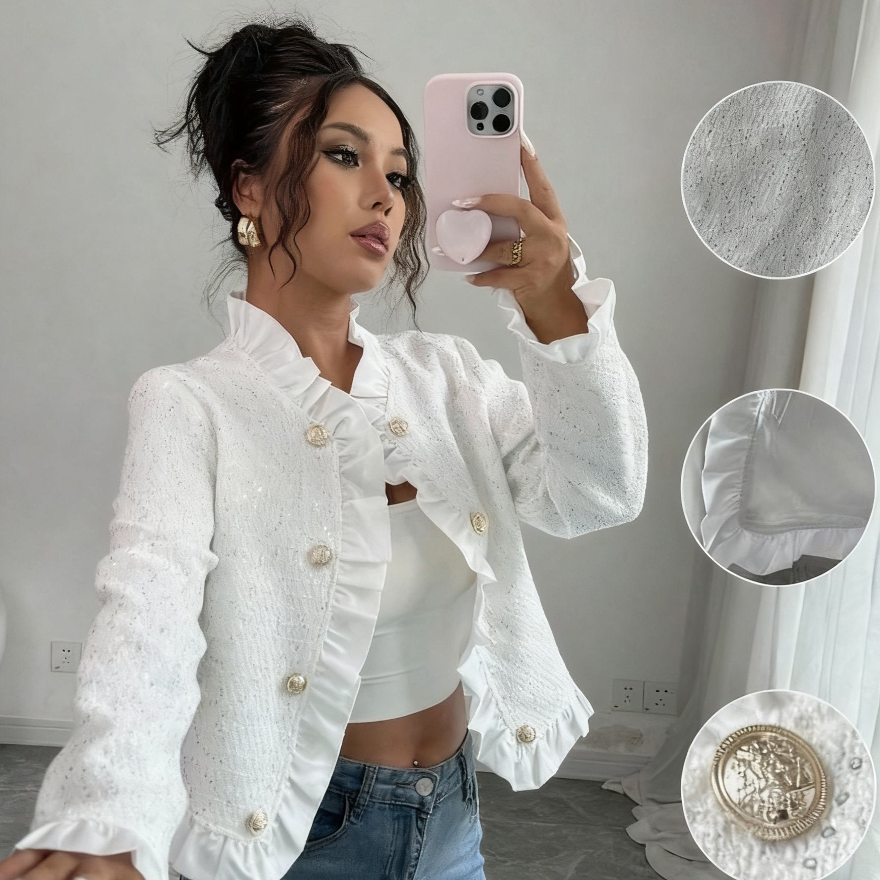 Timeless White Ruffle Blazer with Gold Buttons