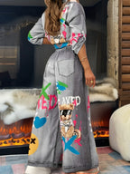 Conjunto Feminino de Outono-Inverno Casual com Estampa de Grafite e Imitação de Denim - Calça Estampada (Não em Tecido Jeans) - Duas Peças