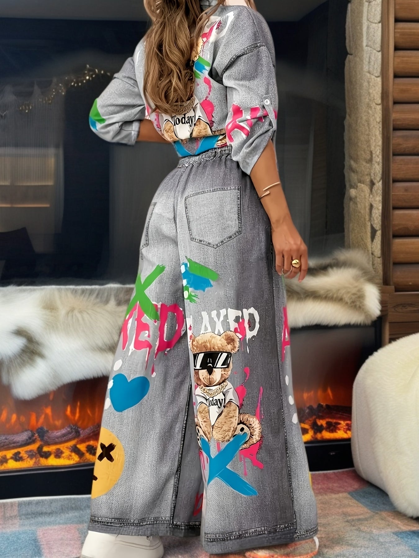 Conjunto Feminino de Outono-Inverno Casual com Estampa de Grafite e Imitação de Denim - Calça Estampada (Não em Tecido Jeans) - Duas Peças