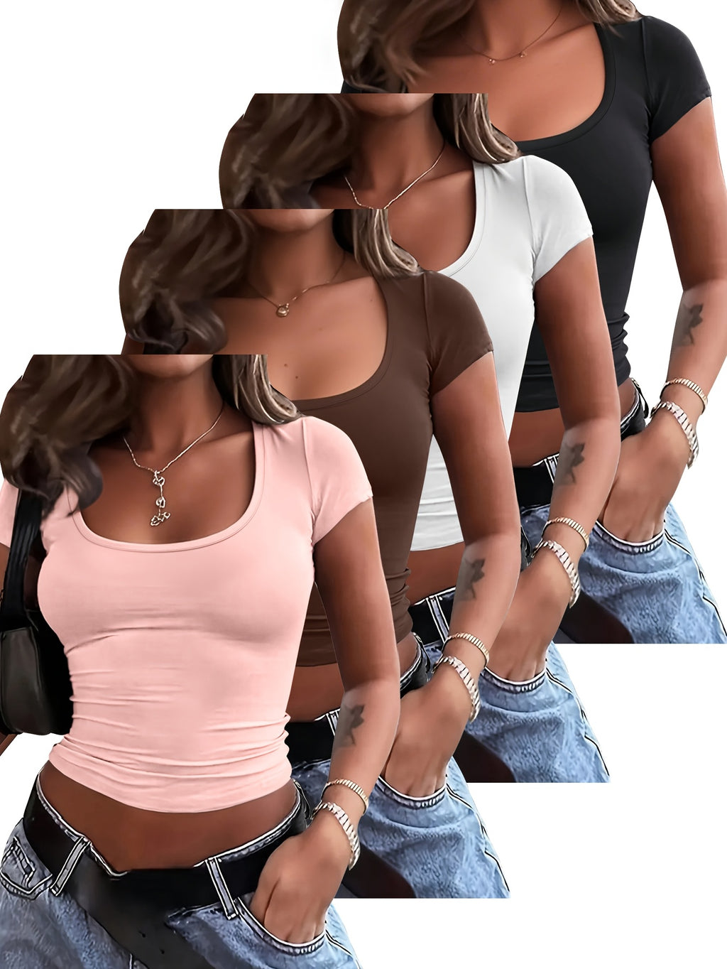 4 peças de camisetas de manga curta para mulheres - Tops curtos de cor sólida com decote em U, Tops de verão casuais elásticos em branco, preto, marrom e cinza, Versáteis para atuário casual, Blusas de top curto