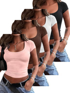 4 peças de camisetas de manga curta para mulheres - Tops curtos de cor sólida com decote em U, Tops de verão casuais elásticos em branco, preto, marrom e cinza, Versáteis para atuário casual, Blusas de top curto