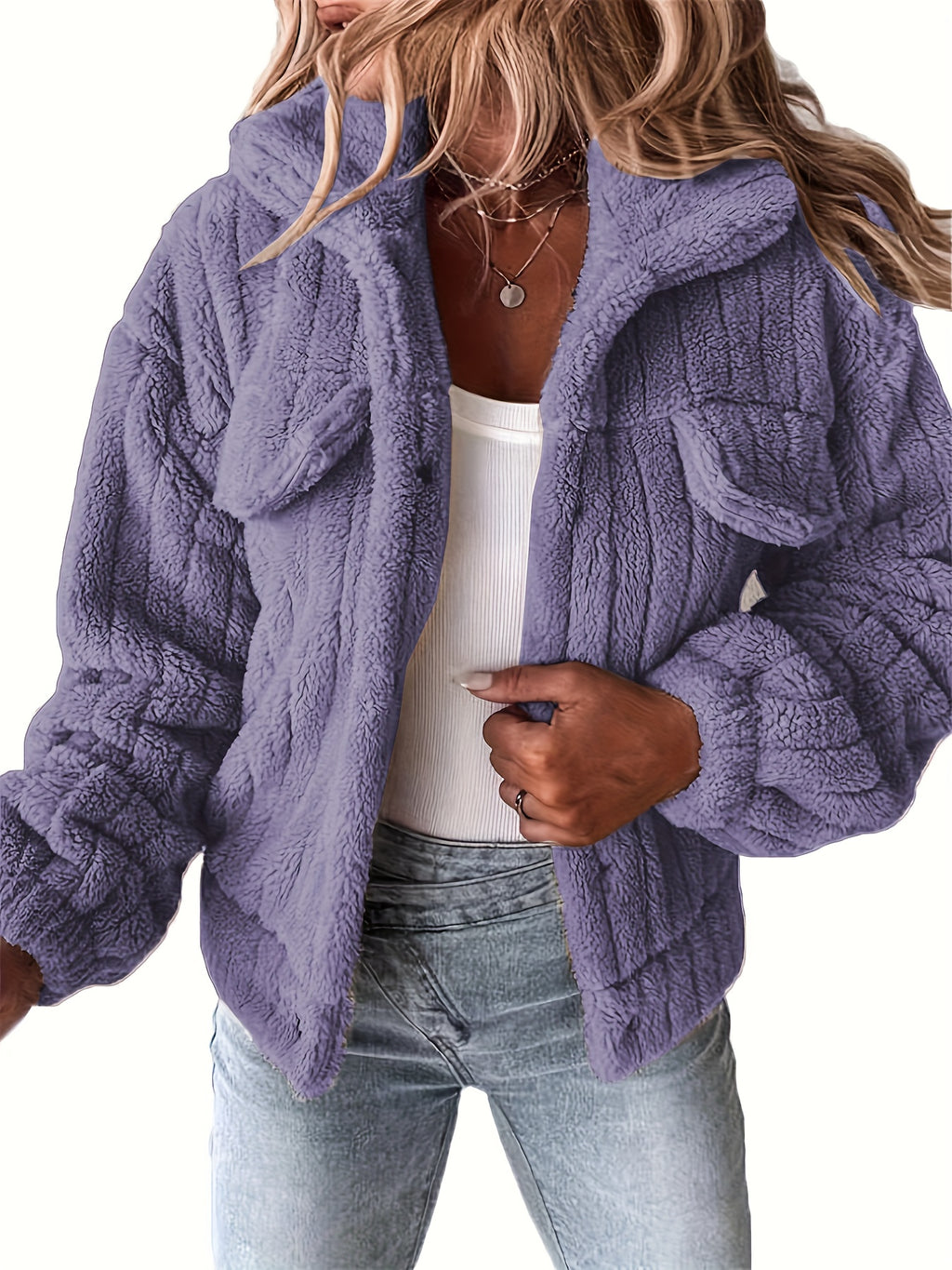 Casaco de Inverno Feminino com Gola de Pelúcia Realista - Casaco Teddy Bege, Lavável à Máquina, Manga Longa Macia para Outono/Inverno, Uso Casual ou Elegante (Sem Design) - Casaco Faux Teddy Aconchegante