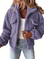 Casaco de Inverno Feminino com Gola de Pelúcia Realista - Casaco Teddy Bege, Lavável à Máquina, Manga Longa Macia para Outono/Inverno, Uso Casual ou Elegante (Sem Design) - Casaco Faux Teddy Aconchegante