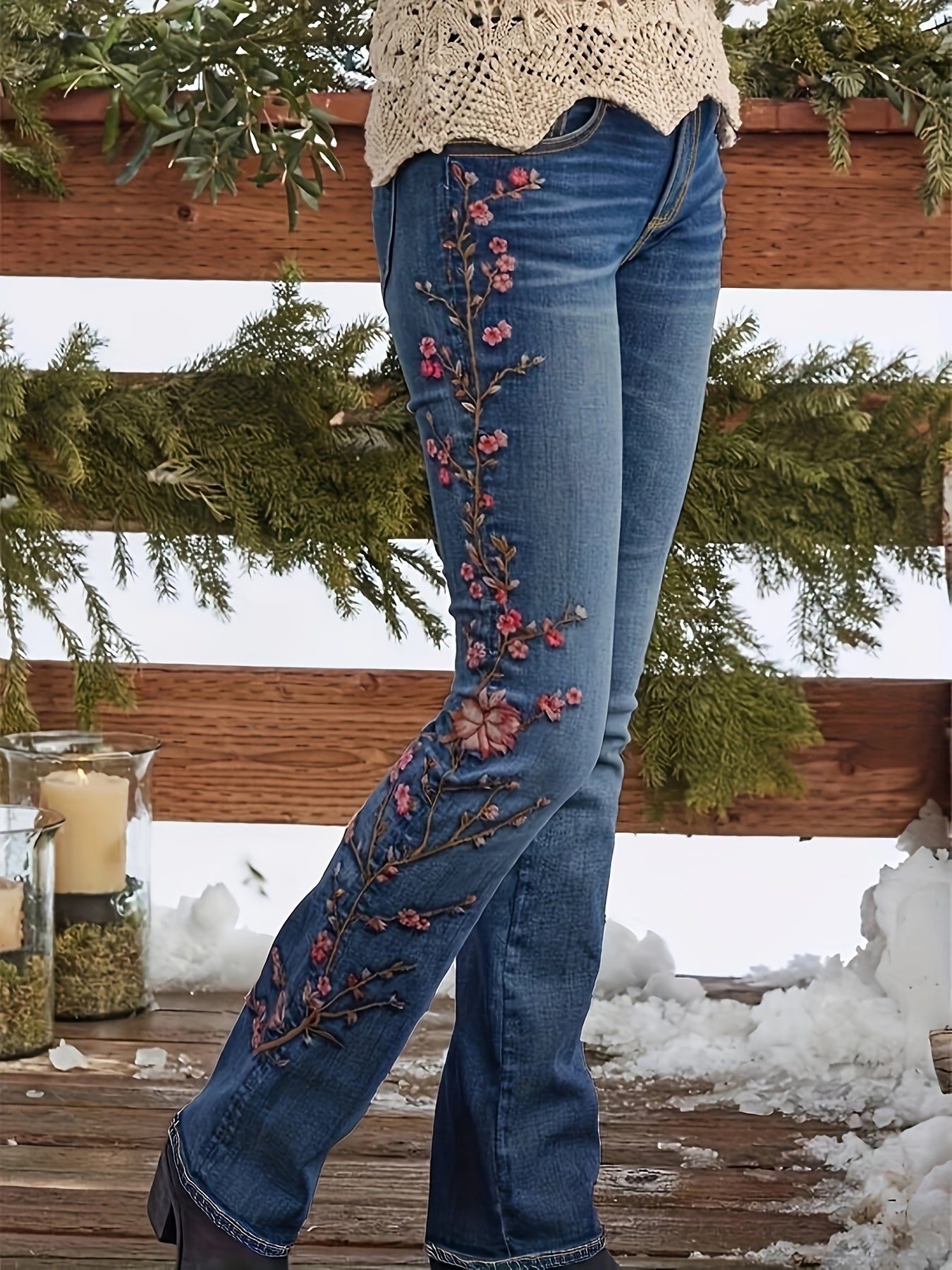 Calças de ganga azul vintage com bordado floral para mulheres - Denim elástico com design floral intrincado em rosa e vermelho, cintura alta, roupa casual para todas as estações, calças de ganga de cintura alta