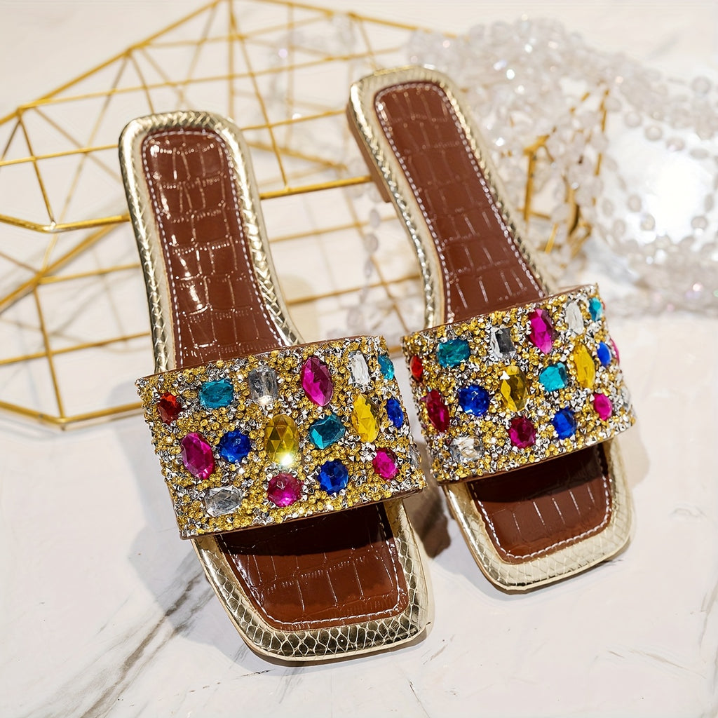 Sandálias Femininas Coloridas com Strass - Elegantes Sandálias de Dedo Aberto para o Verão com Design de Pedras Preciosas Vibrantes, Chinelos Casuais Confortáveis para Festas e Eventos ao Ar Livre, Calçados de Praia | Sandálias Vibrantes | Decorações com Pedras Preciosas, Sandálias Femininas