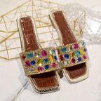 Sandálias Femininas Coloridas com Strass - Elegantes Sandálias de Dedo Aberto para o Verão com Design de Pedras Preciosas Vibrantes, Chinelos Casuais Confortáveis para Festas e Eventos ao Ar Livre, Calçados de Praia | Sandálias Vibrantes | Decorações com Pedras Preciosas, Sandálias Femininas