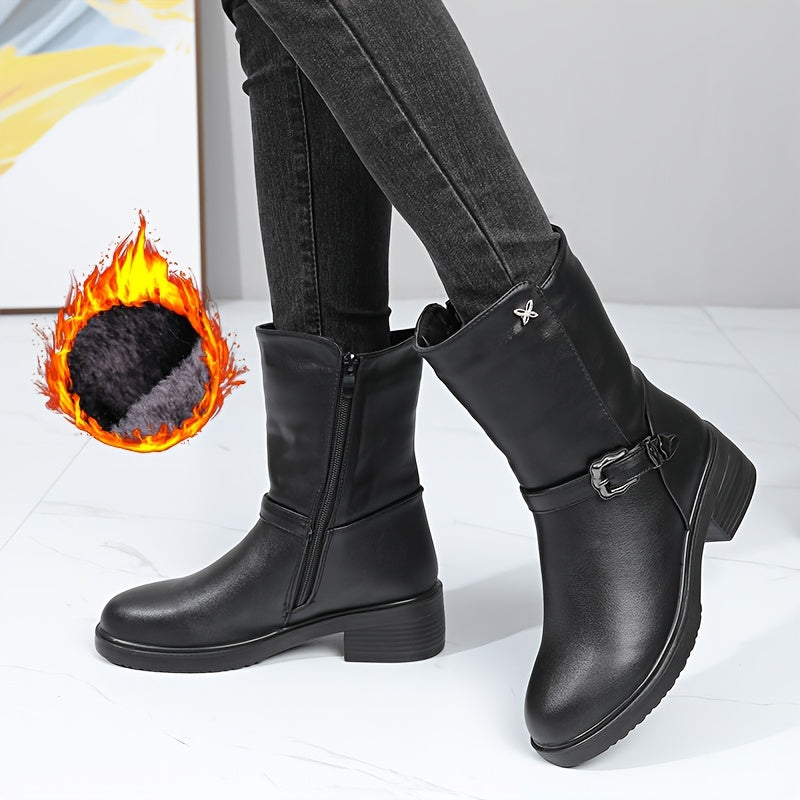 Botas Femininas de Cano Médio, Botinhas Curtas Forradas com Pelúcia para Aquecimento no Inverno
