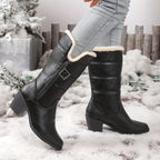 Botas Femininas de Inverno 2025 com Salto Grosso e Zíper Lateral em Cor Sólida