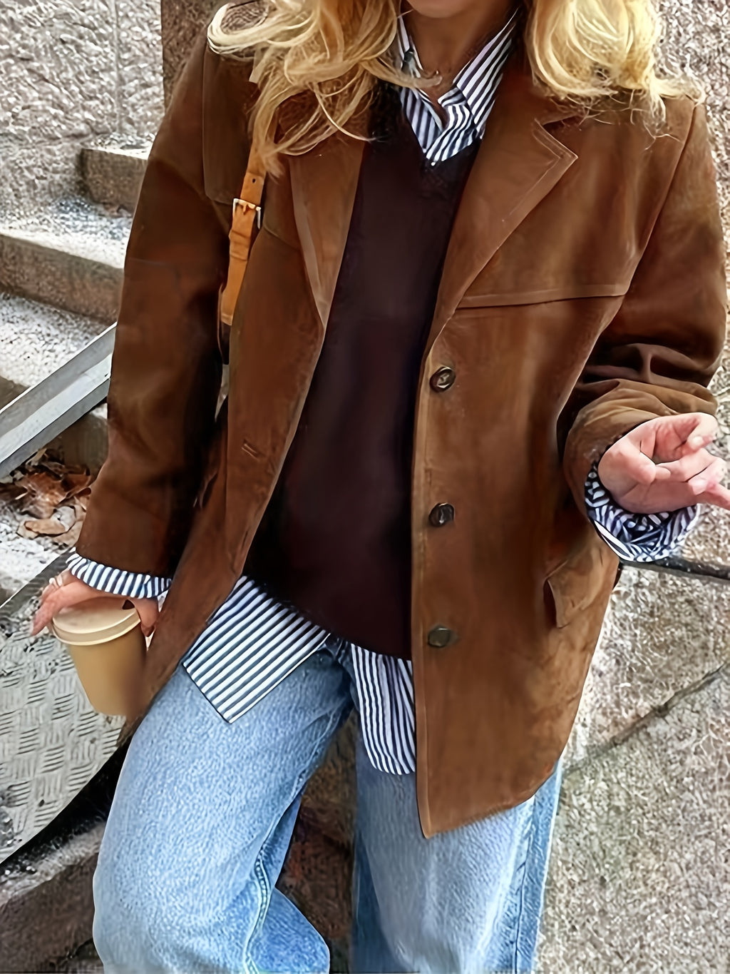 Conjunto Novo Retrô Solto com Lapela e Bolso em Cor Sólida para Mulheres Outono-Inverno