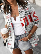 Blazer Feminino Elegante com Estampa Motivacional - Jaqueta de Manga Longa Silhueta H para Primavera/Outono, Lavável à Máquina, Tecido Não Transparente, Moda Outonal, Material Durável, Estilo Clássico e Sofisticado, Ideal para Escritório ou Casual