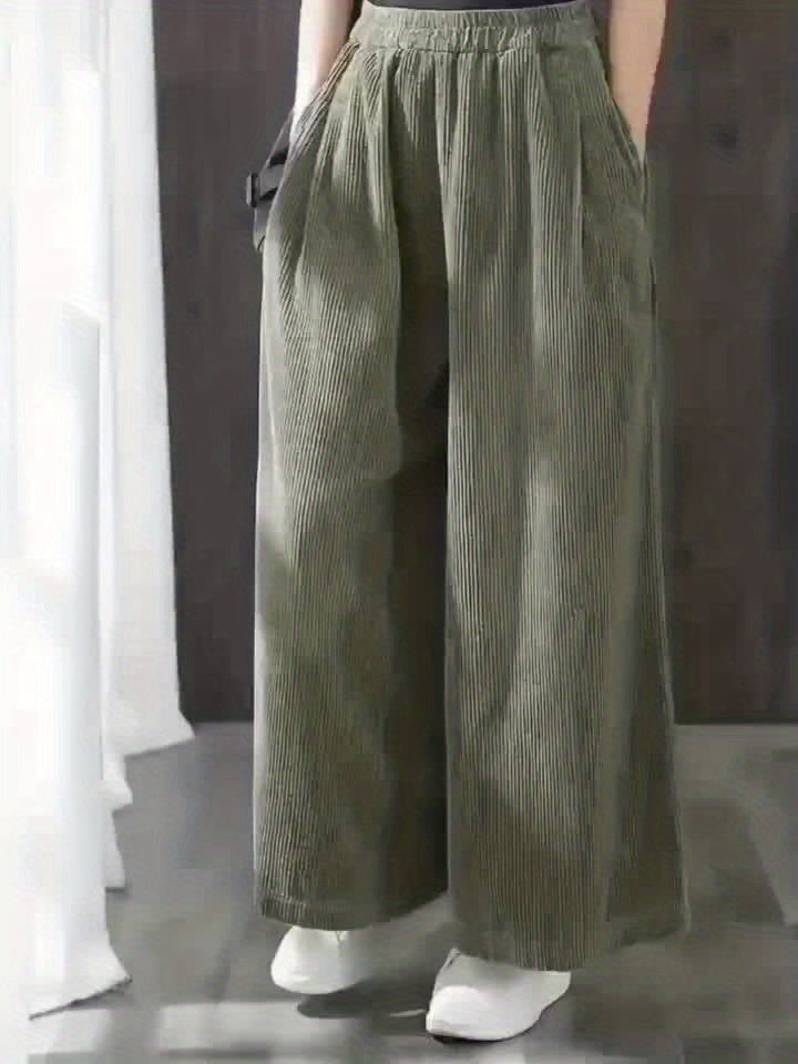 Calças de Bombazine de Perna Larga para Mulher - Calças Casuais de Cintura Elástica com Bolsos, Calças Compridas de Corte Solto para Looks Diários e Formais - Calças Confortáveis para Mulher em Todas as Estações