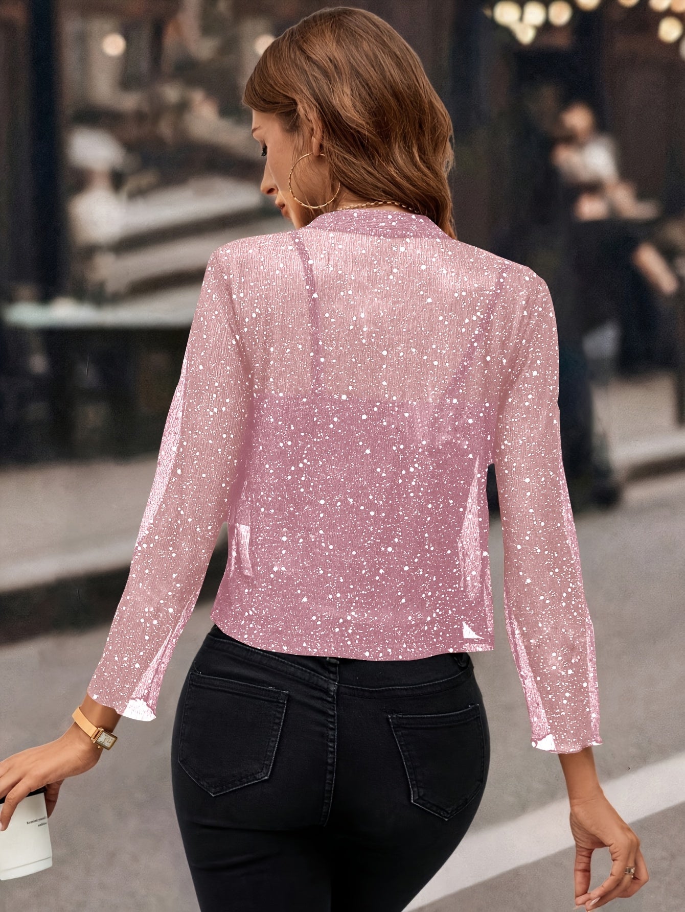 Jaqueta Cardigan Feminina com Lantejoulas e Glitter, Tecido Plissado em Folha Dourada Manga 3/4 Blazer Curto para Casual de Negócios